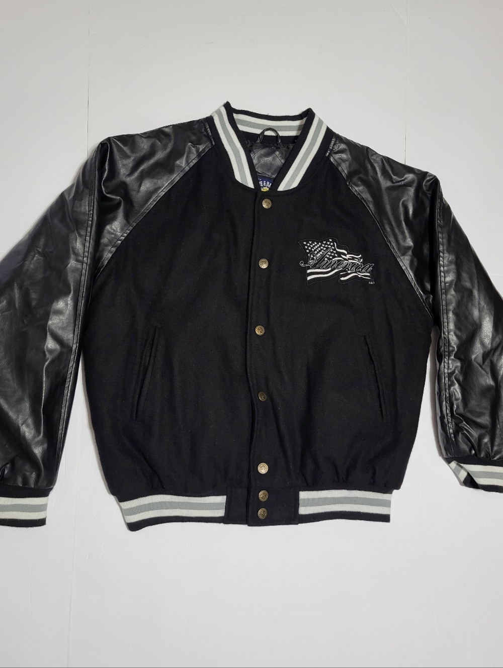 Steve & BARRY'S Black Varsity Bomber Jacket with Leather Sleeves